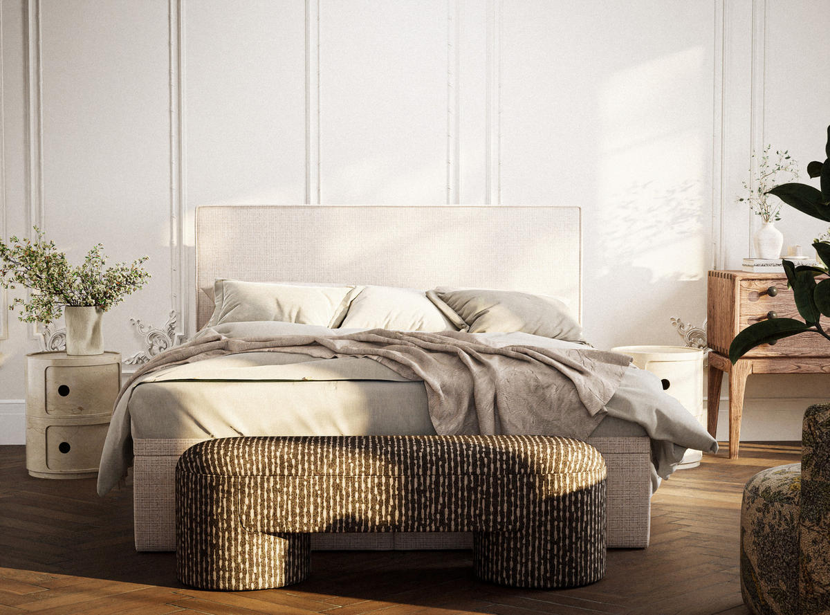 BOXBETT 180/200 cm Tegal, in Creme, Matratze, gepolstertes Kopfteil, Bettkasten, H3 = fest - Creme/Schwarz, Holz/Holzwerkstoff (180/200cm) - Maison de Reve