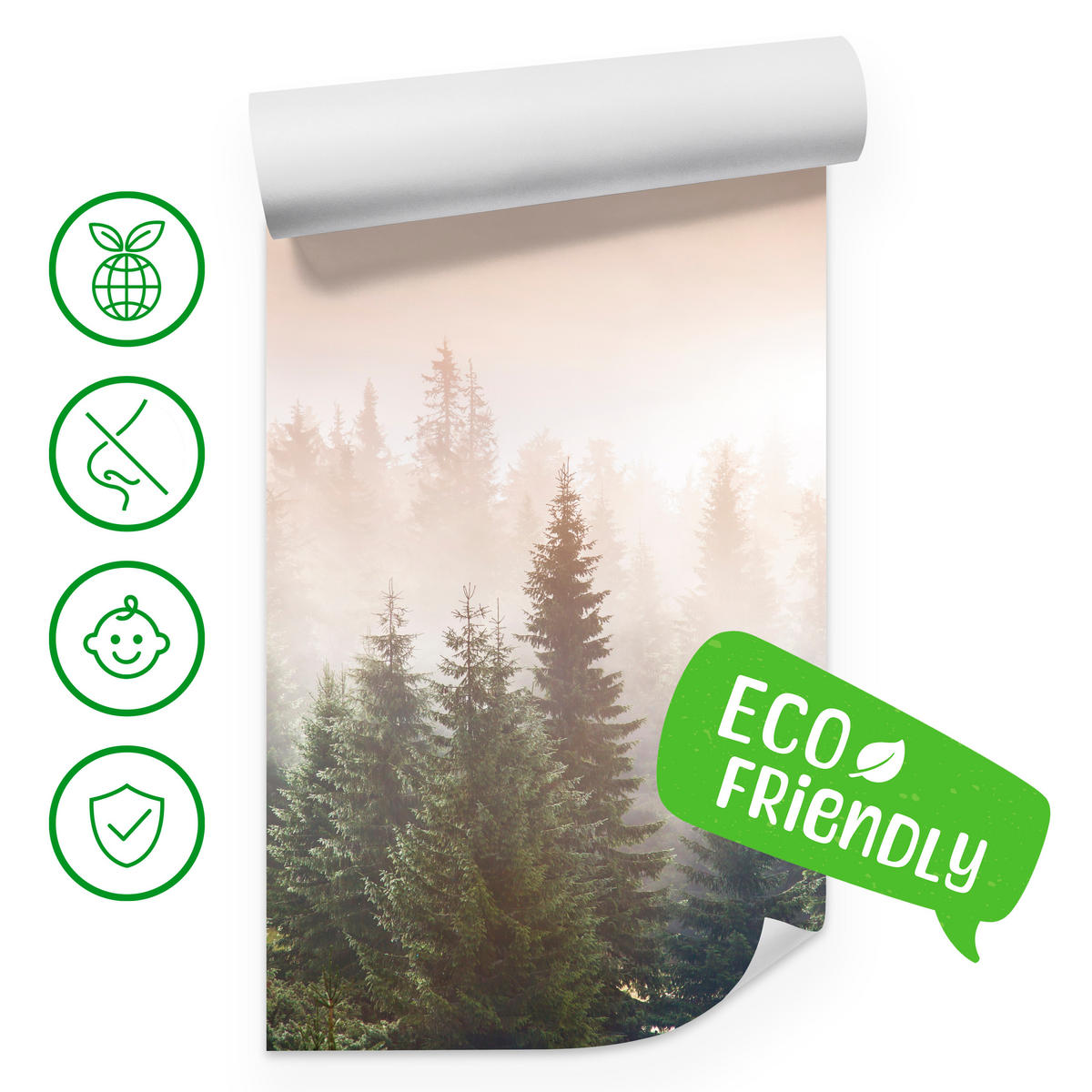 FOTOTAPETE für Wohnzimmer Nadelwald Bäume im Nebel Mystisch 450x315 - Orange/Braun, Papier (450/315cm) - Muralo