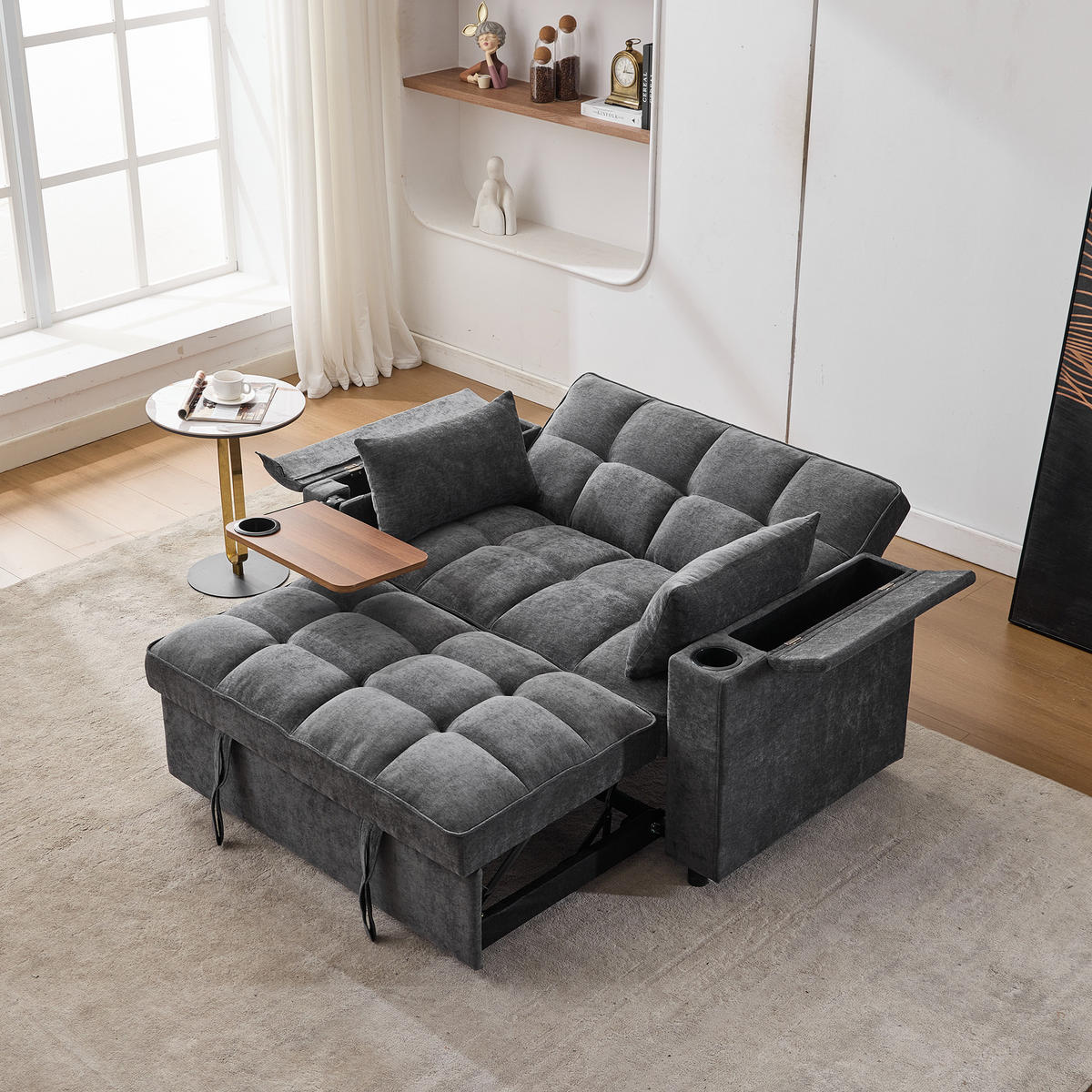 SOFA 3-in-1 Schlafsofa 2-Sitzer USB Ausziehbar Daybed Grau - Grau, Textil (140.5/82/74cm) - FLIEKS