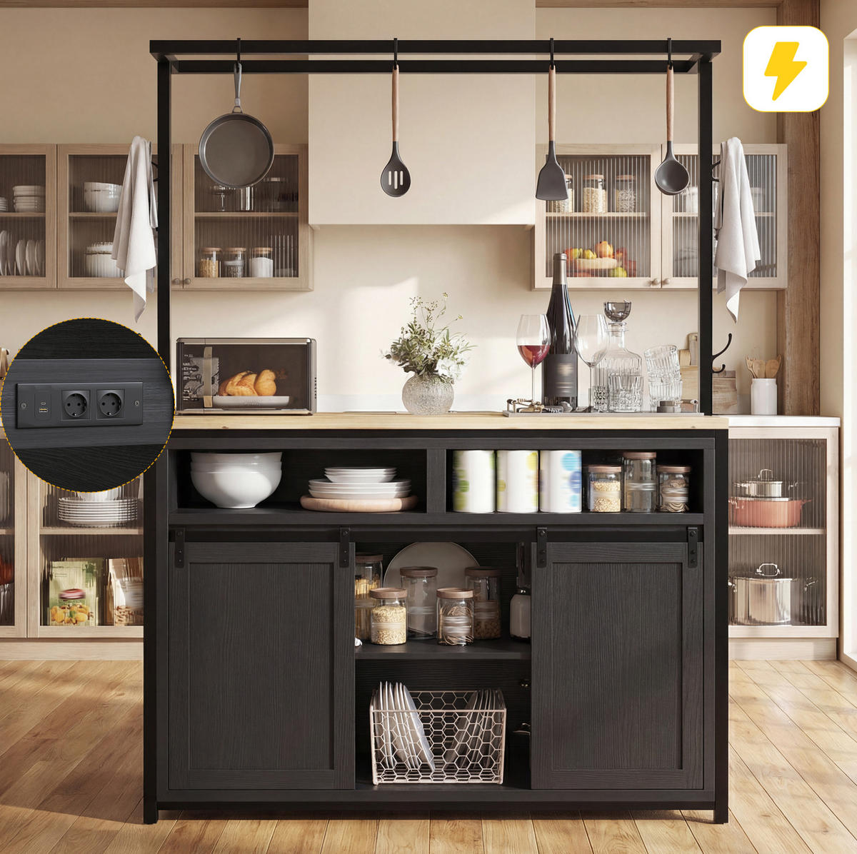 KÜCHENSCHRANK mit Arbeitsplatte und Stromanschluss 107 x 62 x 183 cm Schwarz - Schwarz, Metall (62/183/107cm) - Beauniv
