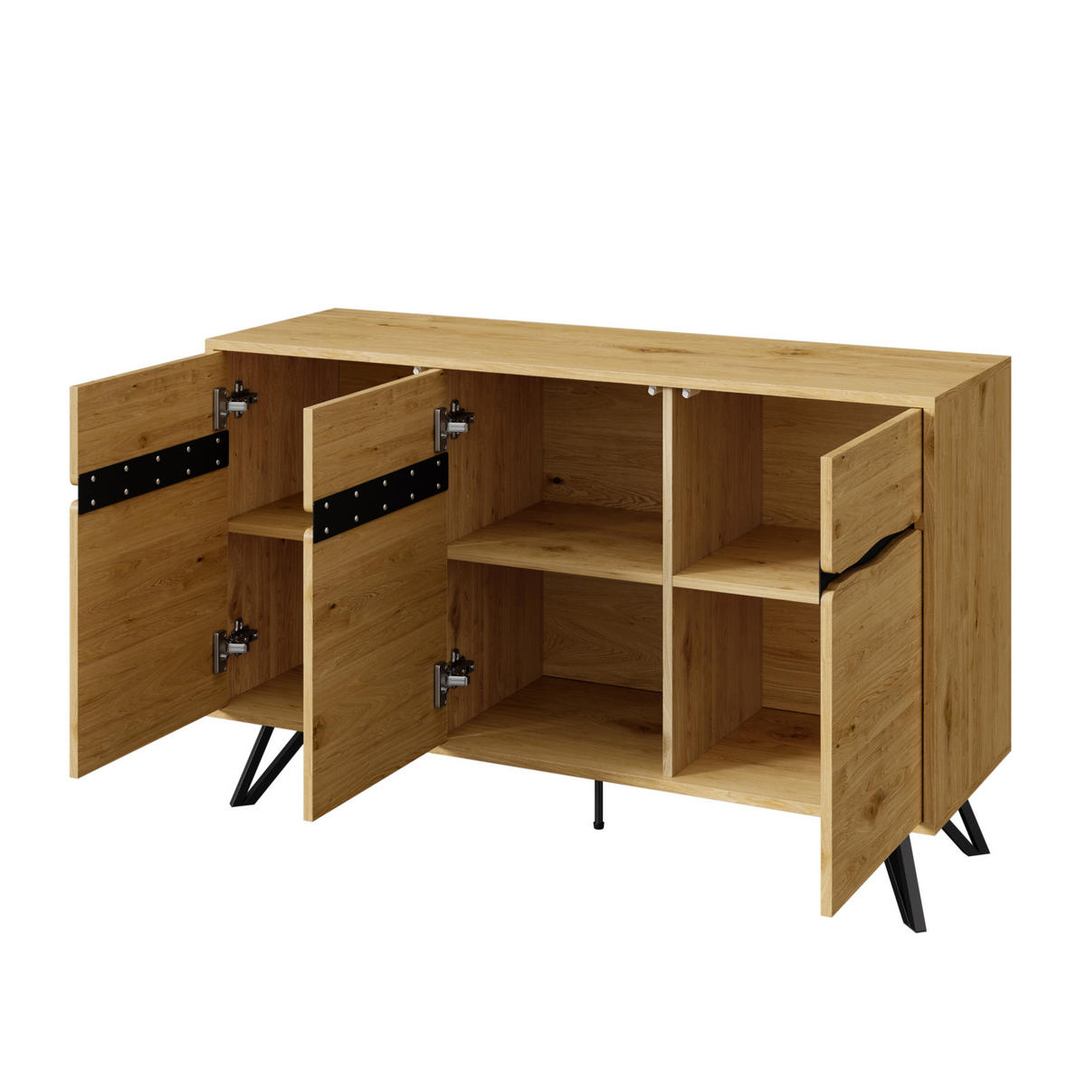 SIDEBOARD aus Spanplatte 140x40x75,5 cm Holzfarbe/Schwarz mit 3 Türen und Metallbeinen - Naturfarben, Holzwerkstoff (140/75.5/40cm) - IVMEU