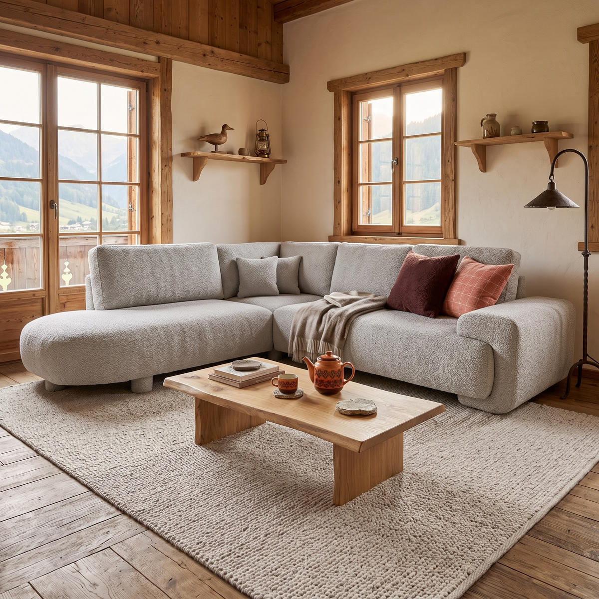 4-SITZER Ecksofa MIRABEL L Links 285x255 cm Bouclé Beige - Beige, Holz/Kunststoff (285/255cm) - Muffo