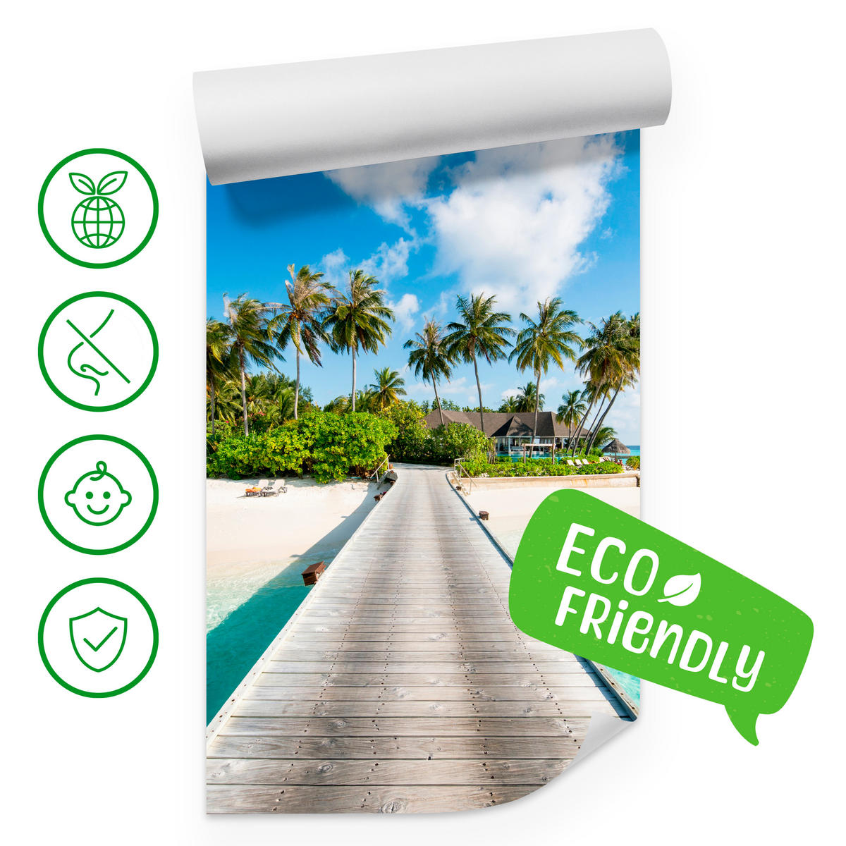 FOTOTAPETE für Schlafzimmer Tropeninsel Steg Palmen Pflanzen 500x350 - Blau/Beige, Papier (500/350cm) - Muralo