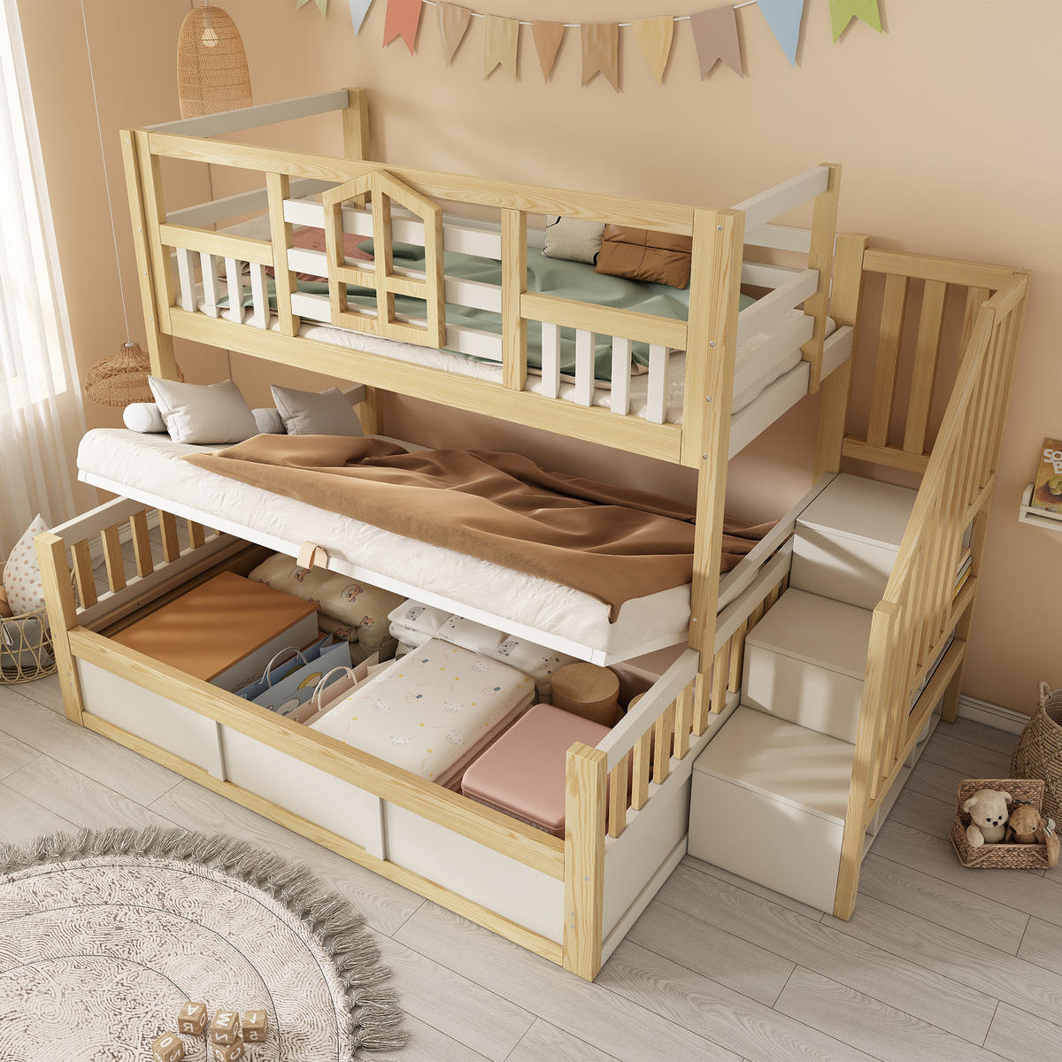 ETAGENBETT 90/200 cm & 140/200 cm in Weiß & Eichefarben mit Bettkasten, Treppe mit Ablagefächern und Fenstern - Weiß/Naturfarben, Holzwerkstoff (140/200cm) - STILVORA