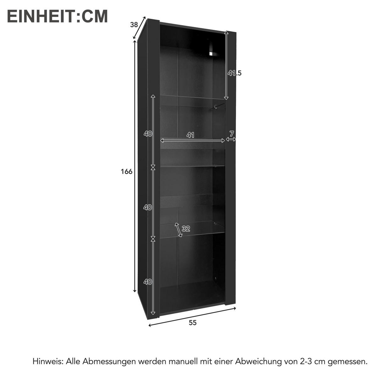 VITRINE 55/38/166 cm mit LED-Beleuchtung und 3 Glasböden, Schwarz - Schwarz, Holzwerkstoff (55/166/38cm) - Redom