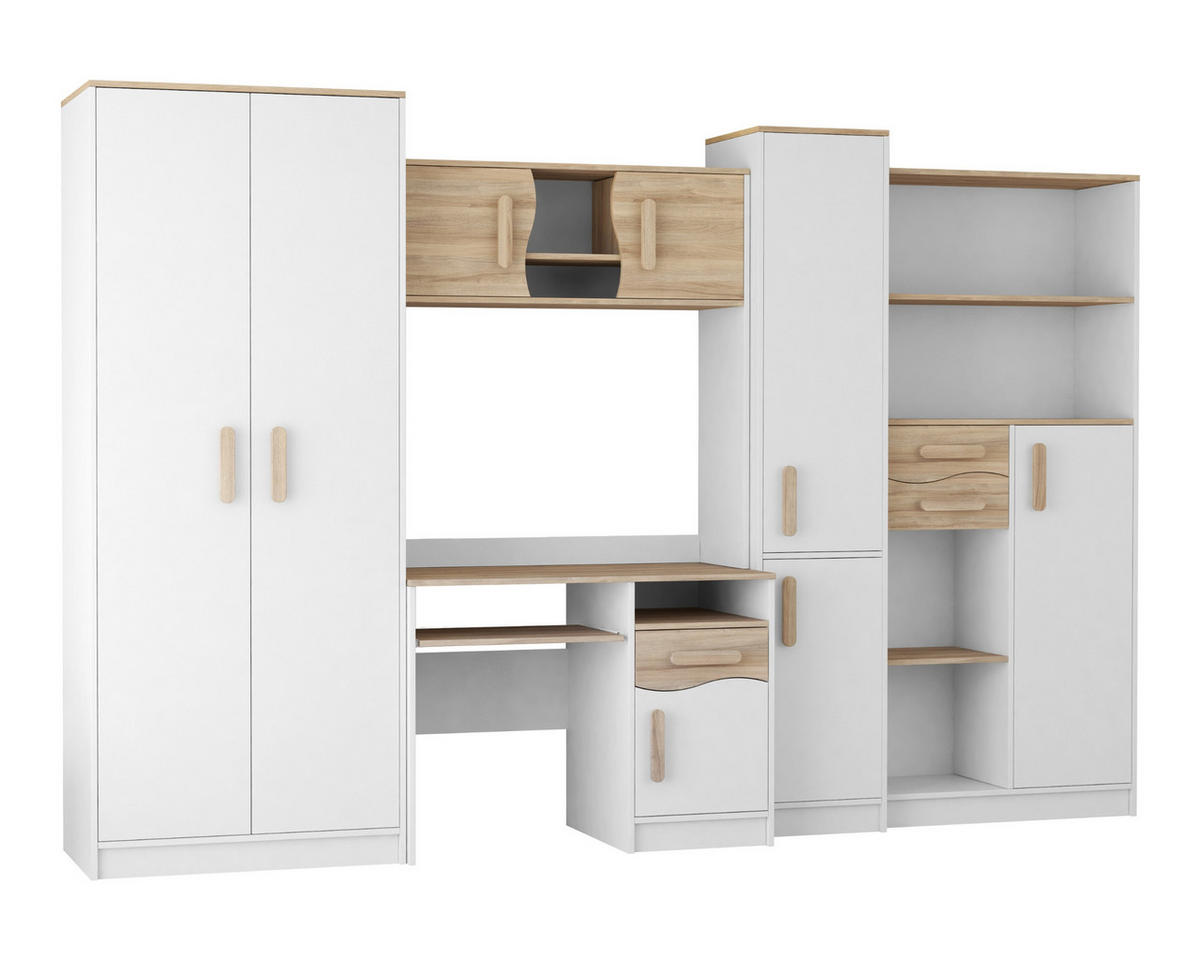 KINDERZIMMER MIKI Korpus Weiß | Griffe Sonoma - Weiß/Sonoma Eiche, Holz/Holzwerkstoff (300/197/52cm) - Deine Möbel 24