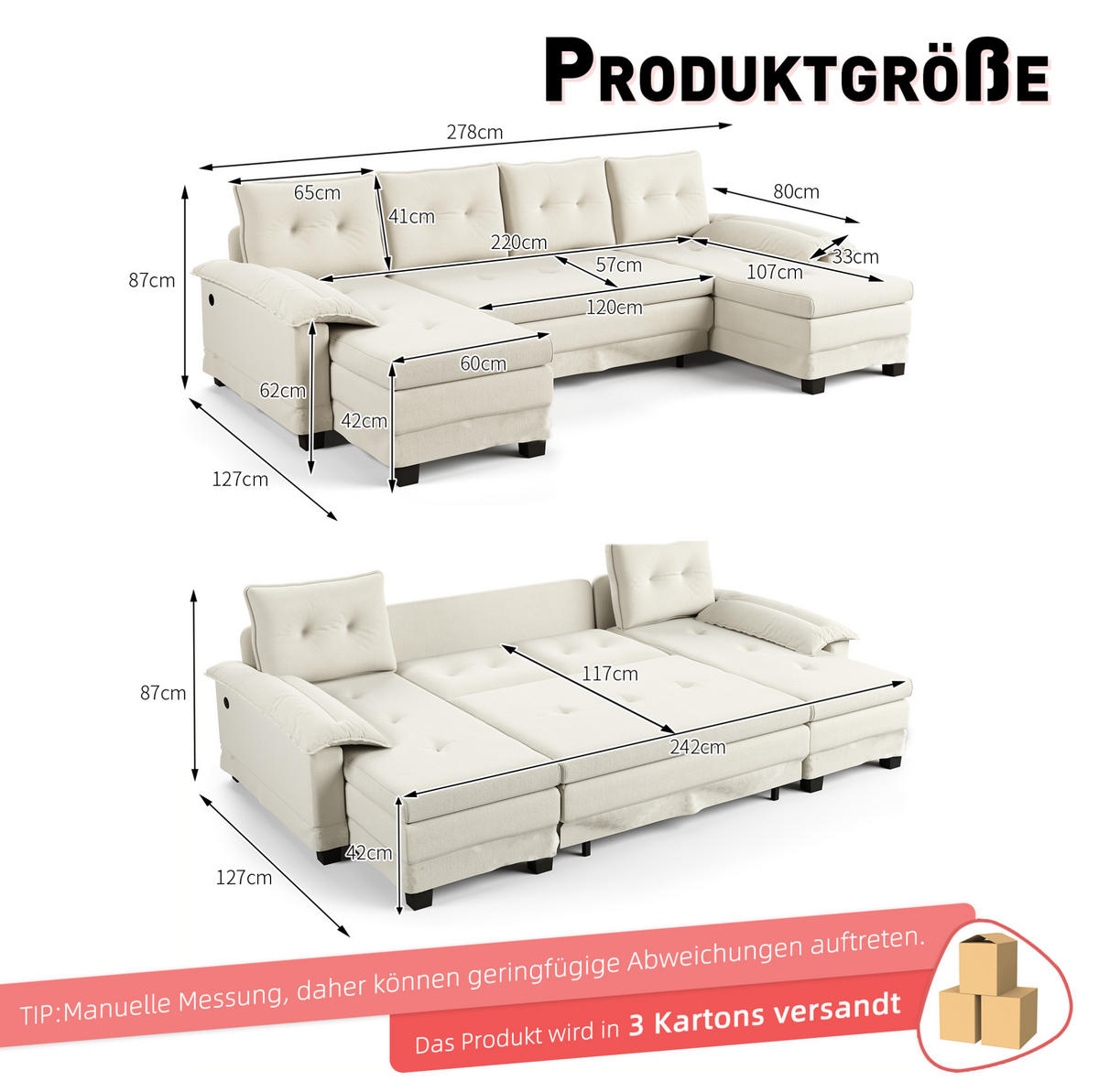 SOFA-BETT U-Form mit USB und Schlaffunktion 278 cm Chenille Beige - Beige, Textil (127/87/278cm) - Meubliv