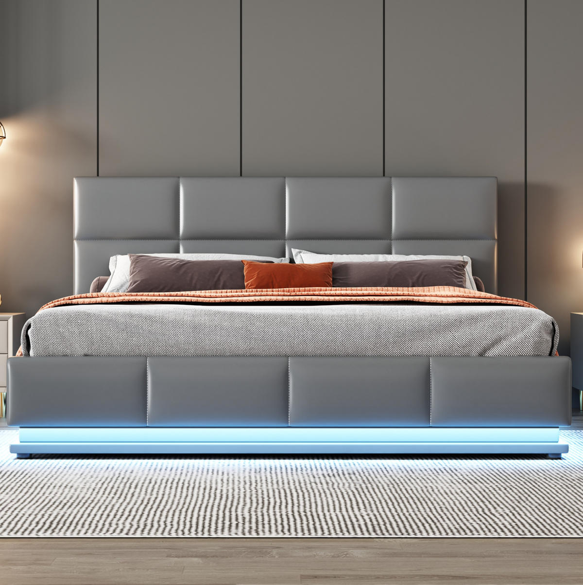 ČALÚNENÁ posteľ 160/200 cm sivá, LED osvetlenie a hydraulický úložný priestor - sivá, textil (160/200cm) - BEAOK
