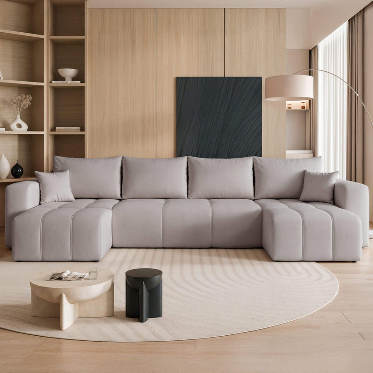 WOHNLANDSCHAFT U-Form Velours mit Bettkasten und Schlaffunktion - Hellgrau, Holzwerkstoff/Kunststoff (318/79/145cm) - Idohome