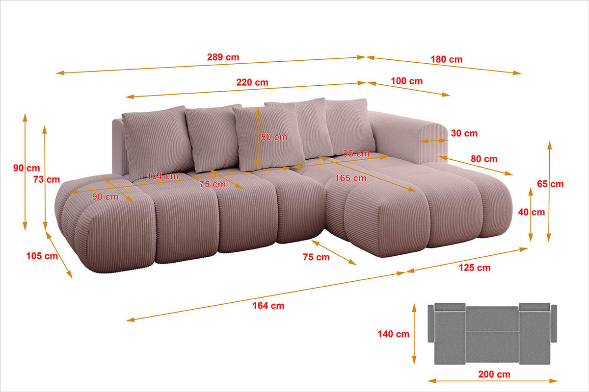 ECKSOFA Ottomane Rechts CLOUD-L-v1 289x180x40 Rosa Cord - Rosa, Holzwerkstoff/Kunststoff (289/180cm) - ALTDECOR