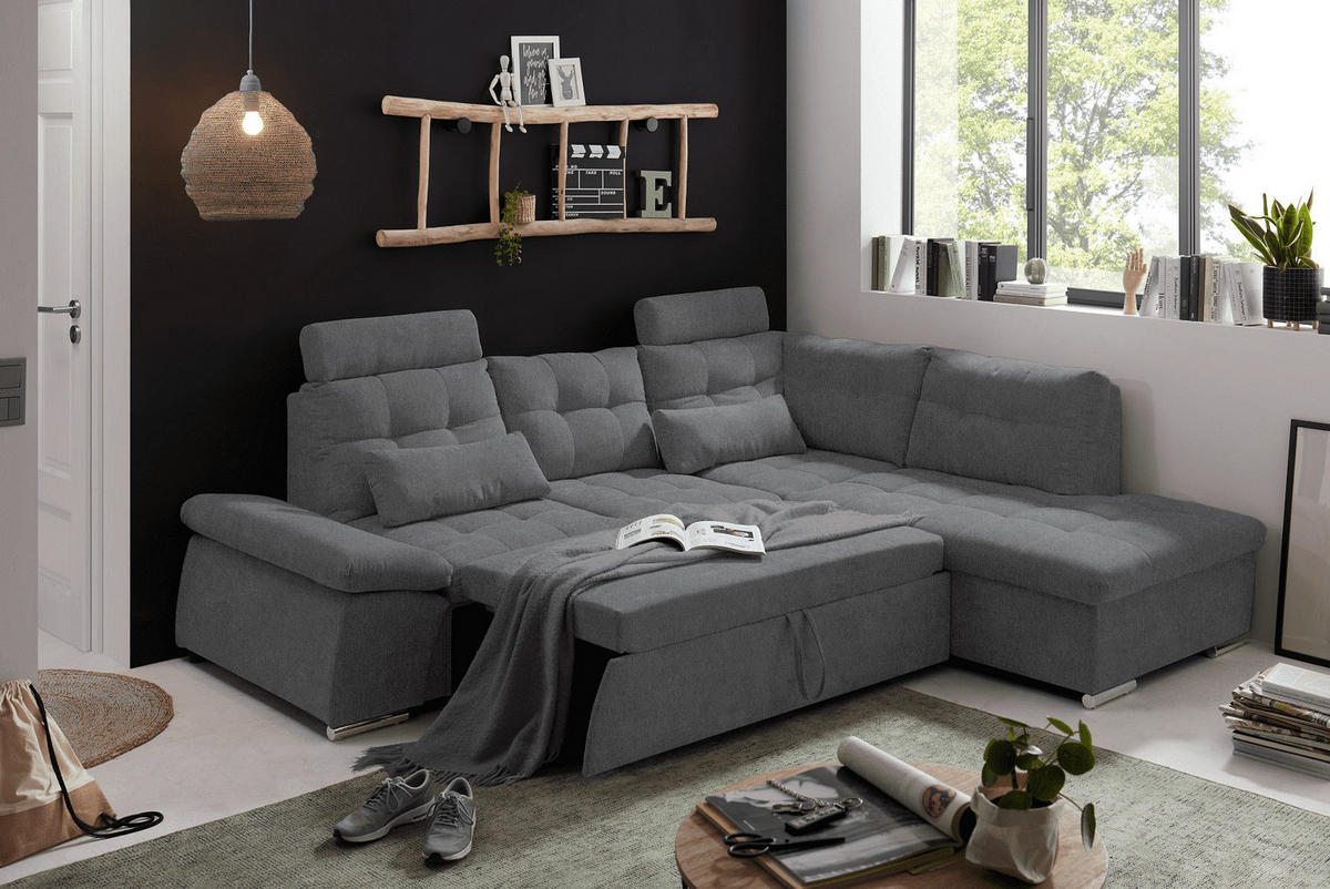 ECKSOFA mit Schlaffunktion, verstellbare Armlehne und Kopfstützen - Chromfarben/Anthrazit, Textil (219/260cm) - ed exciting design