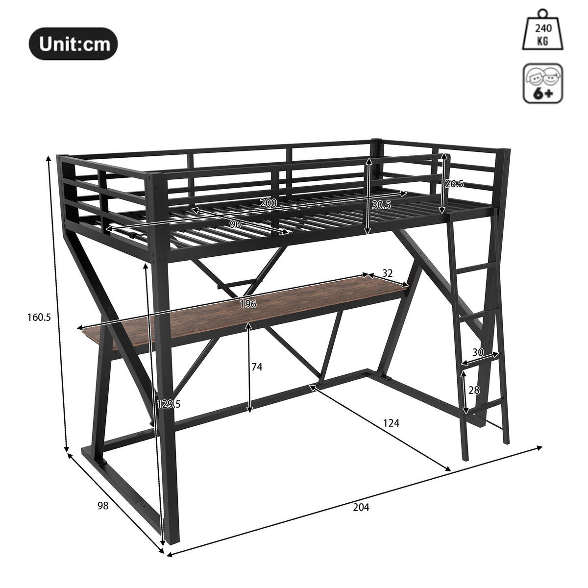 HOCHBETT mit Schreibtisch 90/200 cm in Schwarz – mit LED-Leiste und Rausfallschutz - Schwarz, Metall (90/200cm) - BEAOK