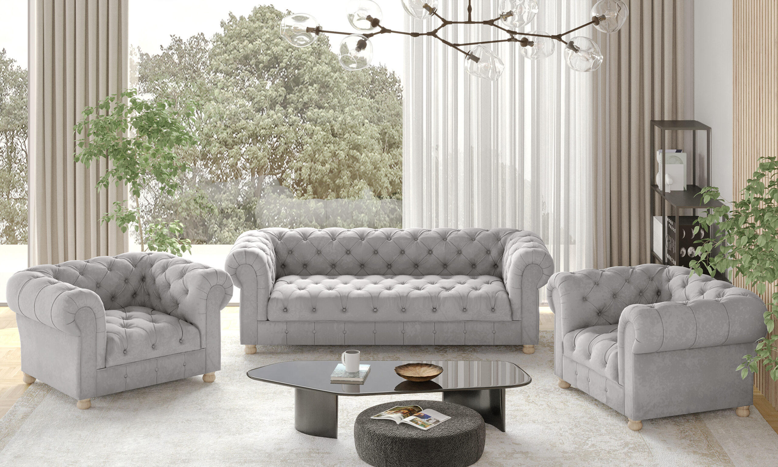 SITZGARNITUR 3+1+1 CHESTERFIELD Elegant Klassisch Schick Stoff Whisper Silber - Silberfarben, Holz (202/77/90cm) - Kaiser Möbel