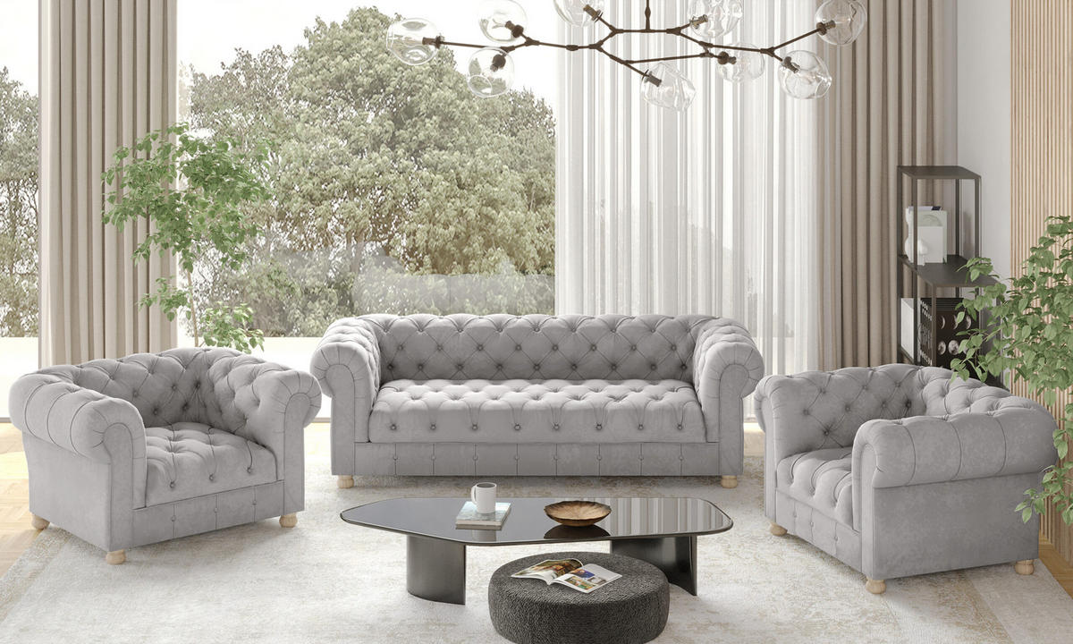 SITZGARNITUR 3+1+1 CHESTERFIELD Elegant Klassisch Schick Stoff Whisper Silber - Silberfarben, Holz (202/77/90cm) - Kaiser Möbel