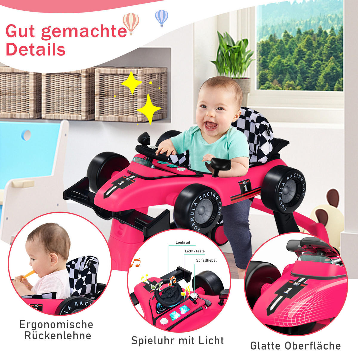 LAUFLERNWAGEN Pink - Pink, Kunststoff (64/56/73cm) - COSTWAY