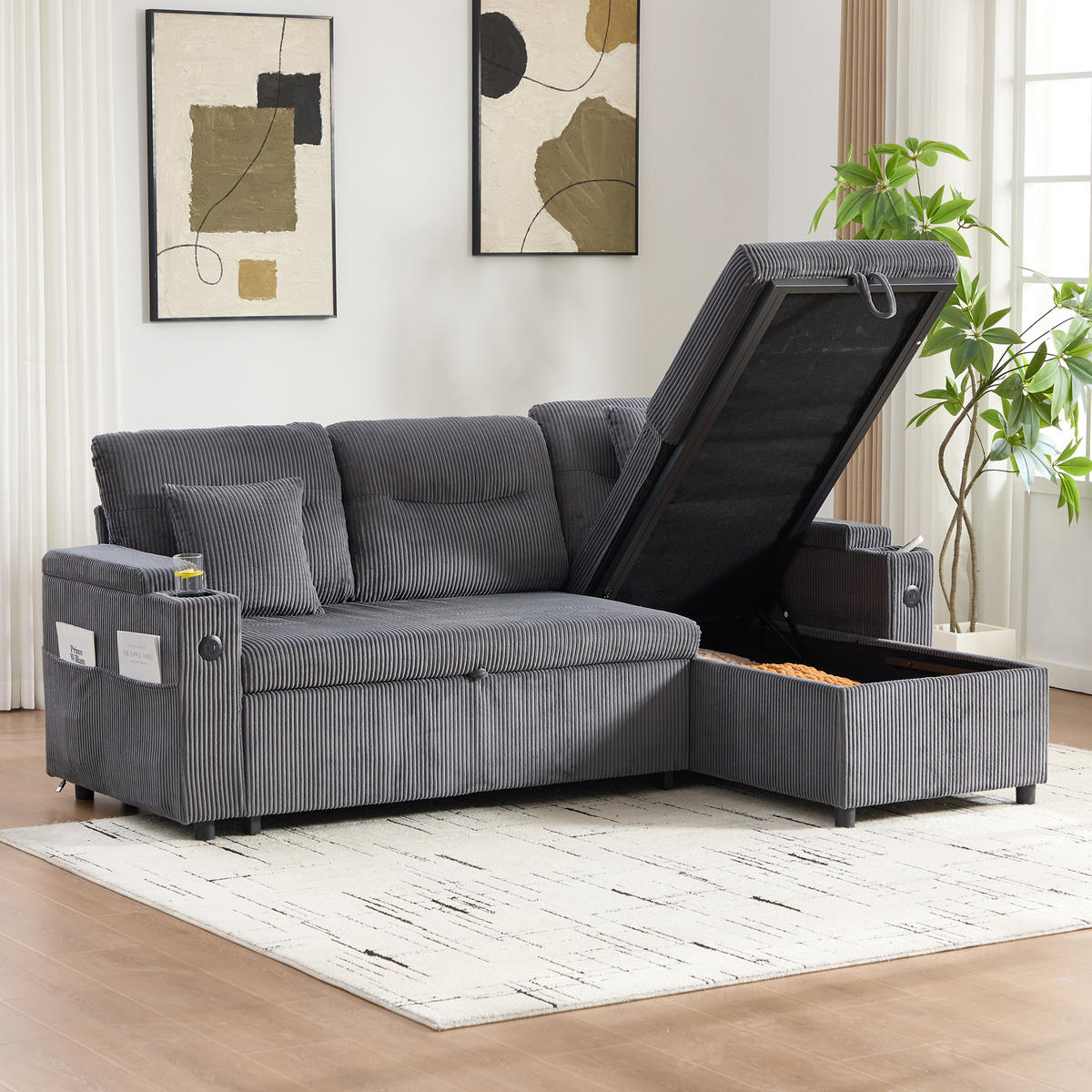 ECKSCHLAFSOFA 3-Sitzer Cord mit Stauraum Schubladenbett und USB-Anschluss Kohlegrau 212,5/136/86 cm - Grau, Textil (136/212.5cm) - Redom