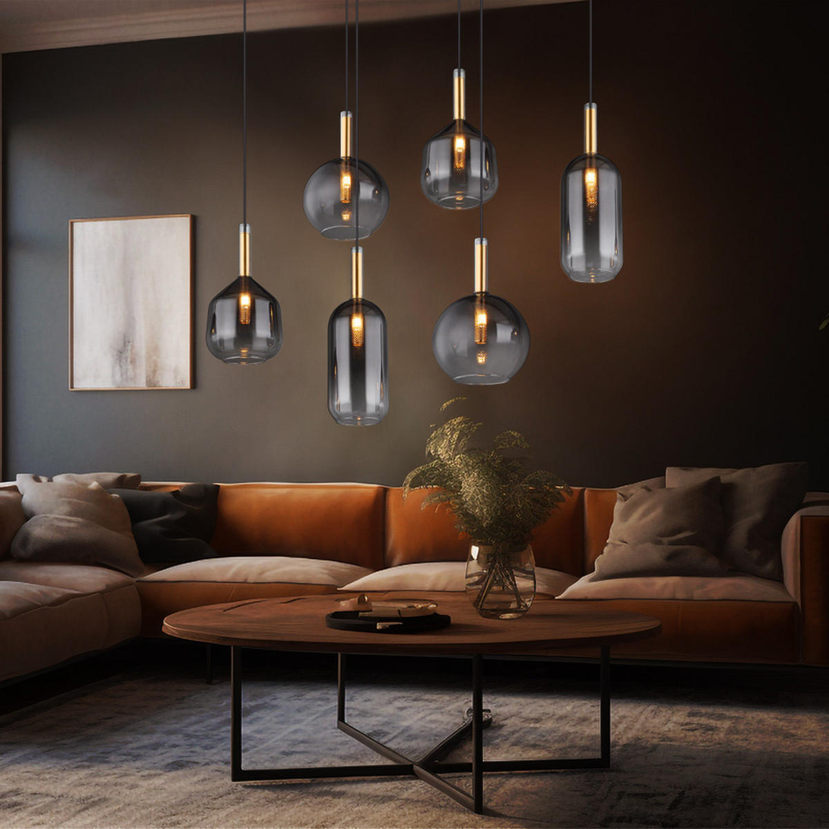 HÄNGELEUCHTE Metall Messing Rauchglas 6-Flammig - Messingfarben, Glas (85/36/120cm) - Globo Lighting