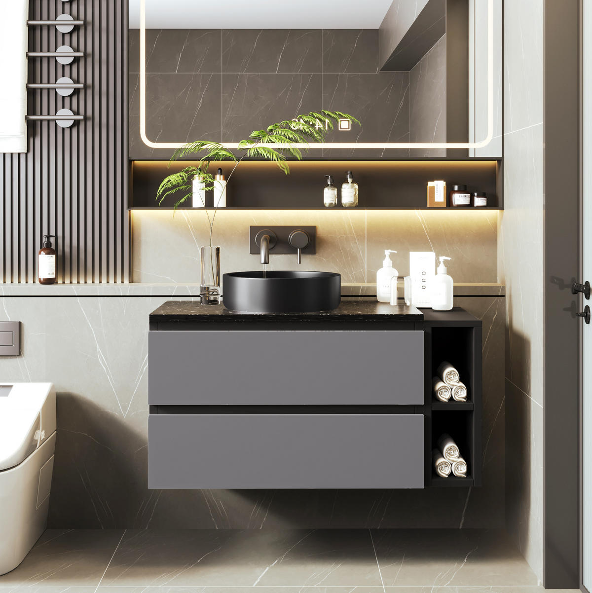 WASCHTISCHKOMBI 80 cm Schwarz/Grau aus MDF mit Marmor-Arbeitsplatte und Stauraum - Schwarz, Holzwerkstoff (80/48.5/44cm) - OKMYHOME
