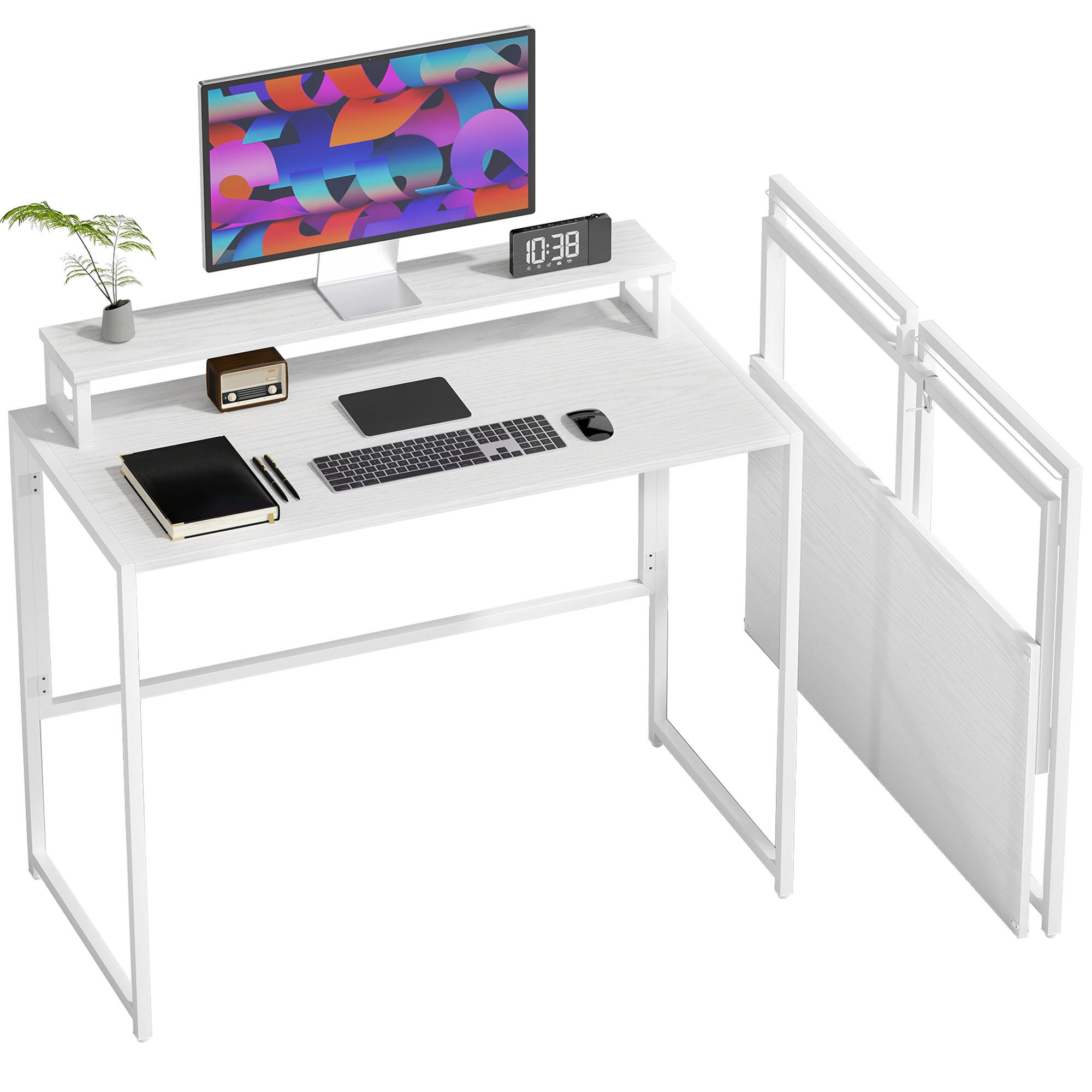 COMPUTERTISCH Holzoptik und Schwarz klappbar mit Monitoraufsatz 100/48/87,5 cm - Weiß, Holzwerkstoff (48/100/87.5cm) - PANGIVO