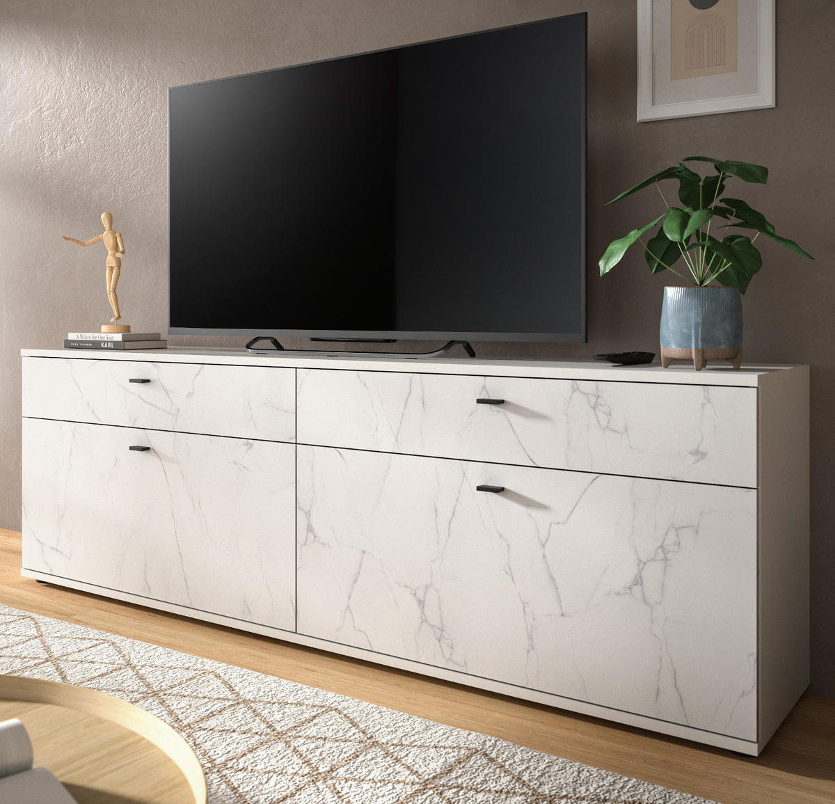 TV-LOWBOARD weiß Marmor 180 cm, TV-Unterteil in Komforthöhe - Schwarz/Weiß, Holzwerkstoff/Kunststoff (180/62/40cm) - Inn.Furn