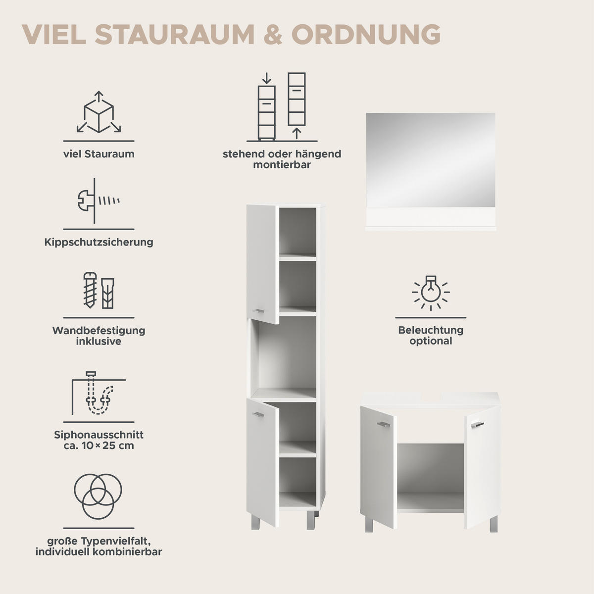 BADMÖBEL Set Boston 3tlg. auch hängend montierbar (B/H/T: 102x186x33 cm) - Weiß, Holzwerkstoff (102/186/33cm)