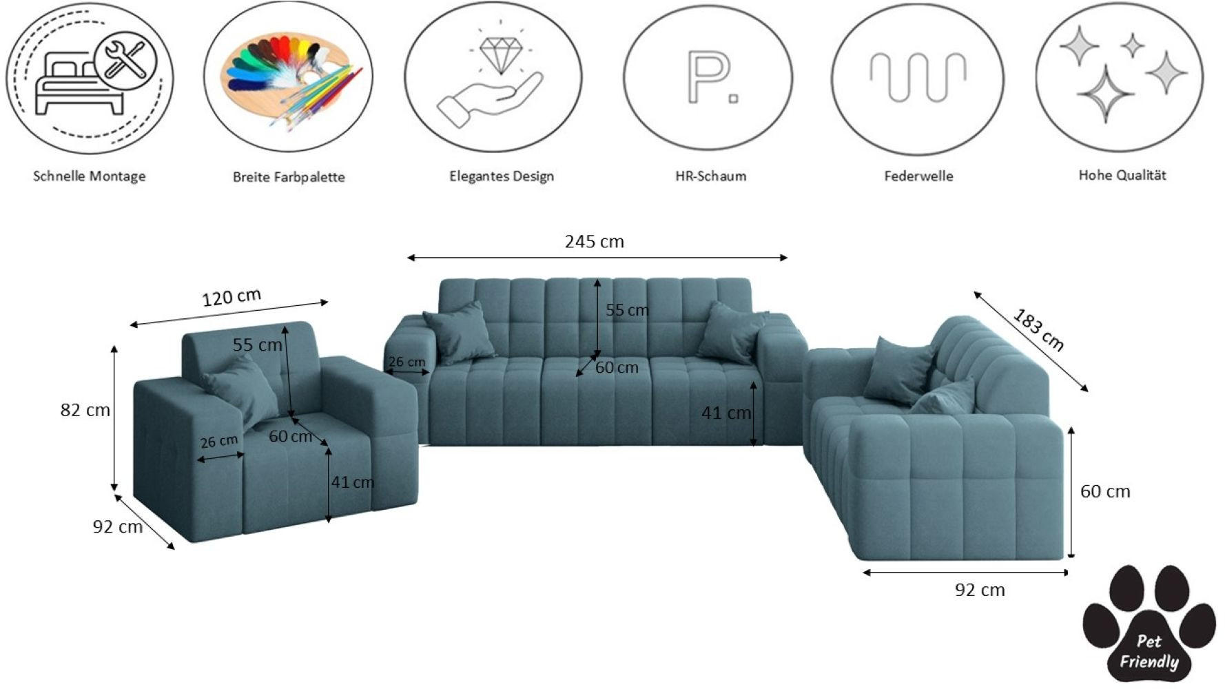 Thumbnail - Kaiser Möbel Sitzgarnitur, Blau, Textil, 6-Sitzer, Rechteckig, 92x82x245 cm, Wohnzimmer, Sofas & Couches, Sitzgarnituren
