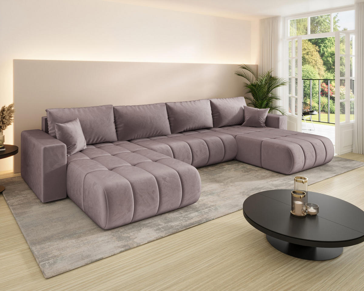 ECKSOFA mit schlaffunktion und bettkasten MILO U PREMIUM, stoff MONOLITH, Lila - Violett, Holz (384/190cm) - Kaiser Möbel