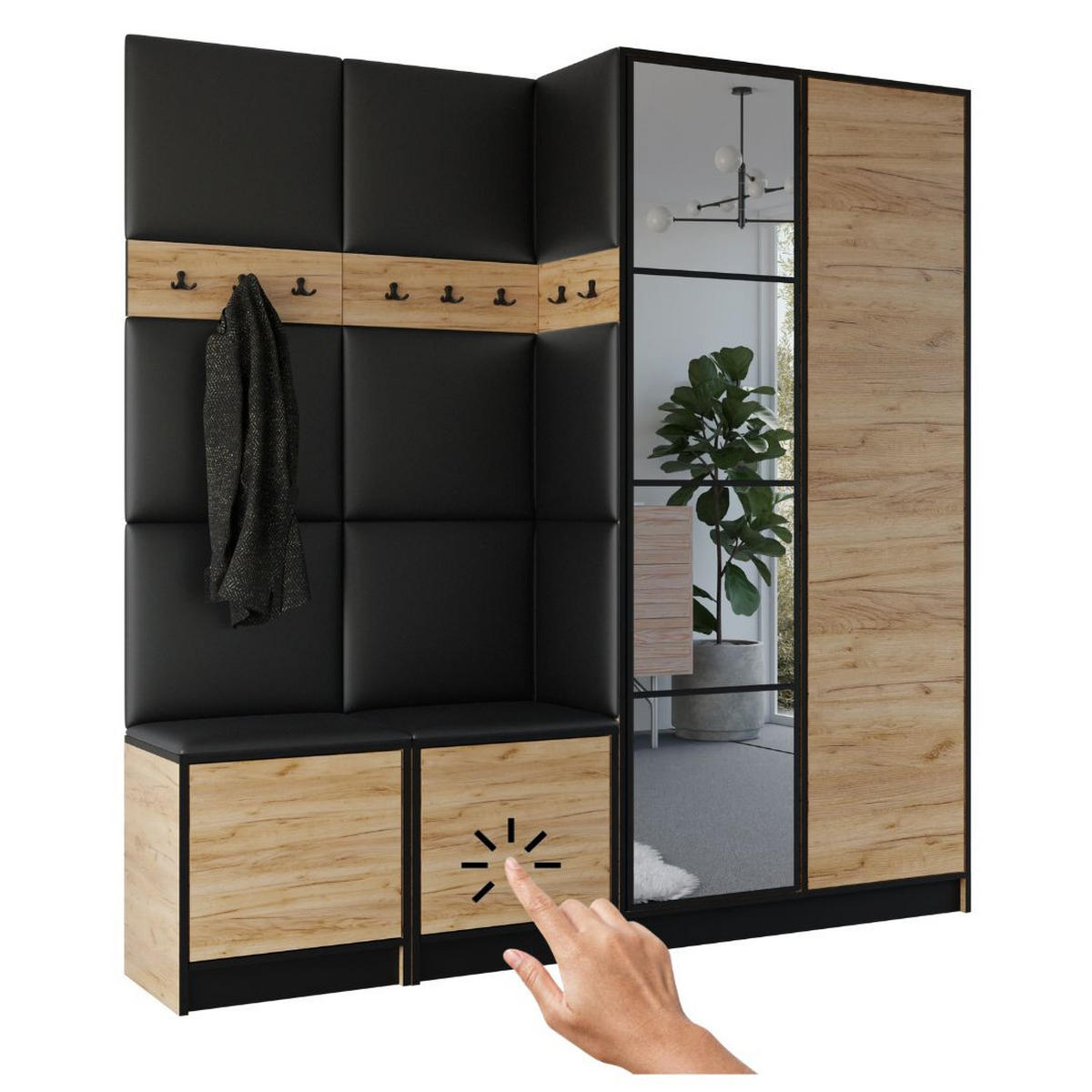 GARDEROBENSCHRANK EDEN 21 mit Spiegel - Eiche Craft Gold & Stoff Ökoleder Schwarz - Honigeiche, Holzwerkstoff (211/205/39cm) - Kier Furniture