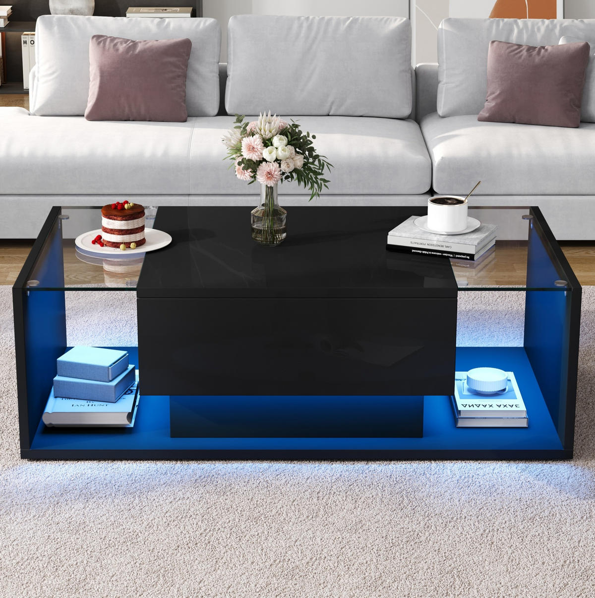 COUCHTISCH 100/50 cm mit Schublade, LED-Beleuchtung und gehärtetem Glas - Schwarz, Holzwerkstoff (100/50/31cm) - BEAOK