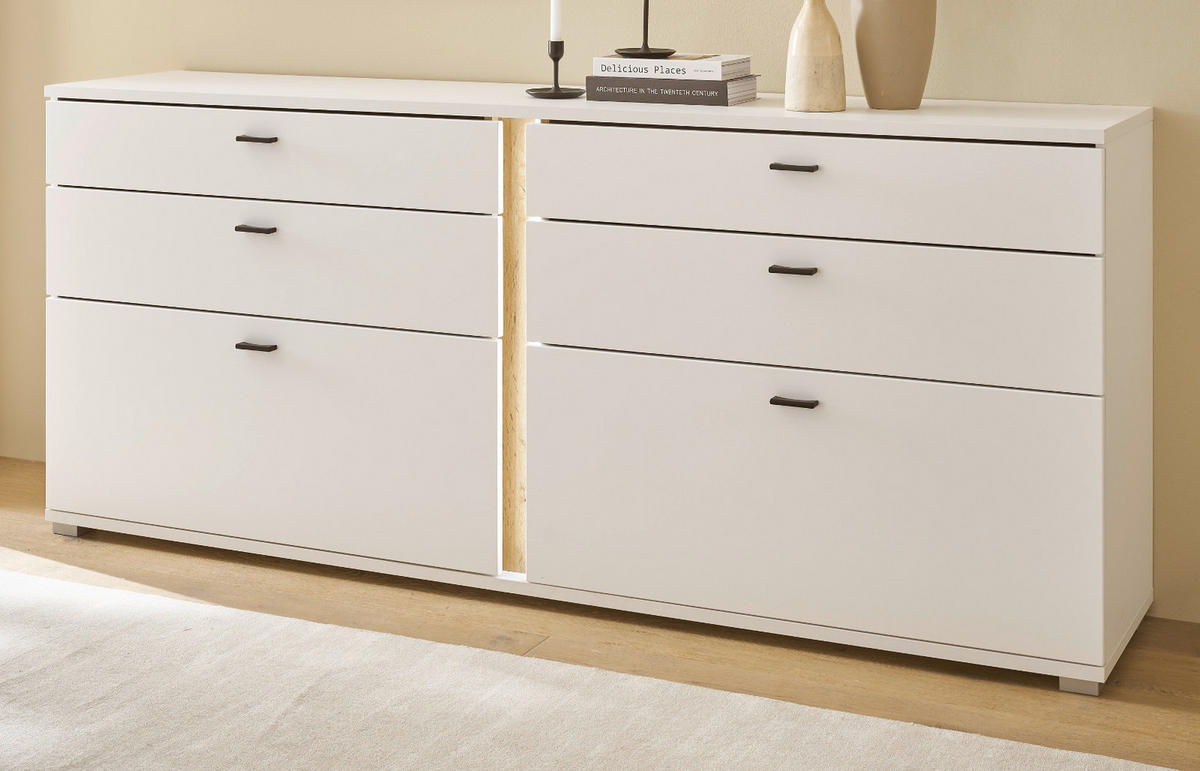 SIDEBOARD weiß matt, Eiche Wotan 200 cm, Kommode inklusive Frontbeleuchtung - Silberfarben/Eiche Wotan, Holzwerkstoff/Kunststoff (200/86/42cm) - Furn.Design