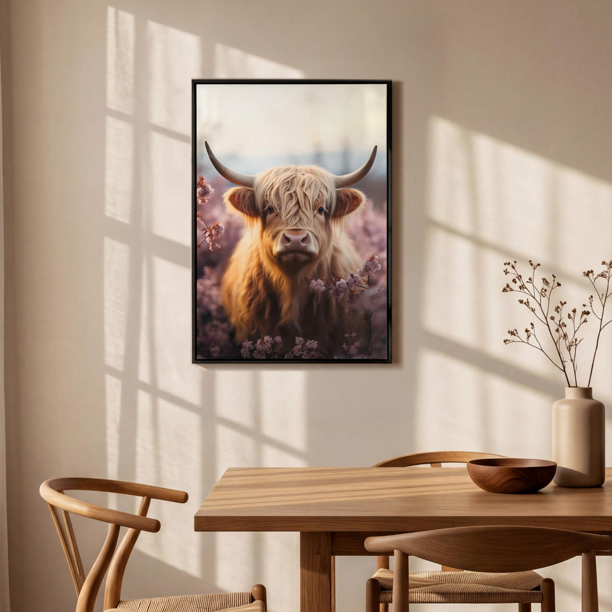 LEINWAND Bilder mit Rahmen - Schottischer Hochländer - Frühling - Hochland - 60x90 - Hellrosa, Textil (60/90cm) - MuchoWow