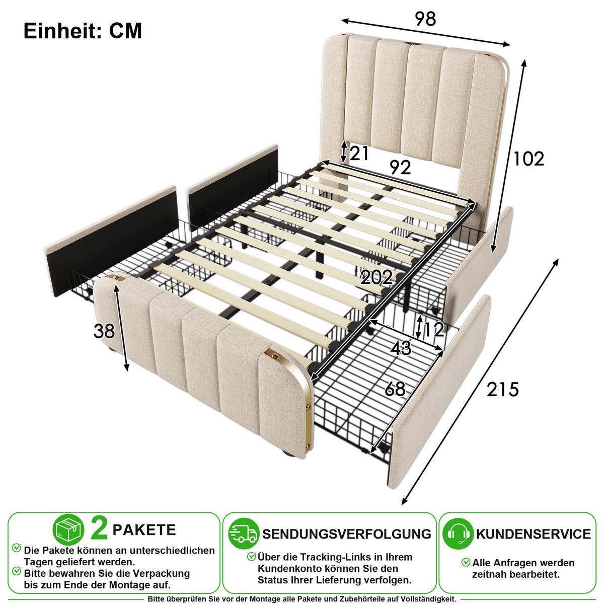 POLSTERBETT 90/200 cm in Beige Leinen mit 4 Schubladen, USB und Type-C - Beige, Holzwerkstoff/Textil (90/200cm) - CHICFURN