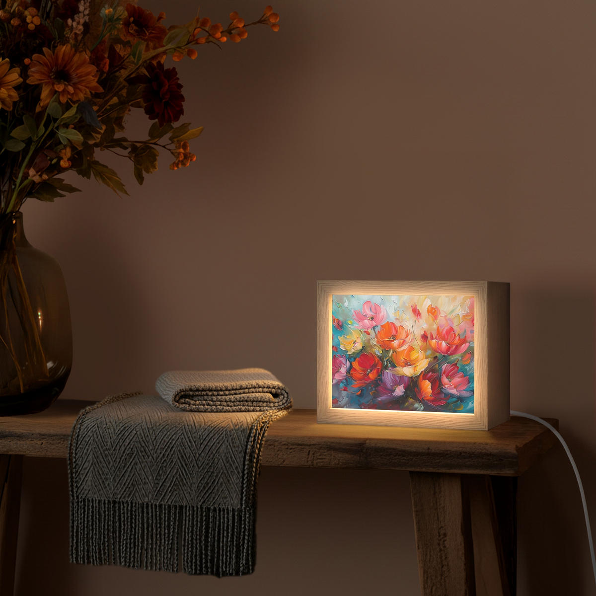 STOLNÍ LAMPA Květiny - barevné - malba - abstraktní - umění 20x15 cm - barva hliníku, kompozitní dřevo (8/20/15cm) - OnlyWow