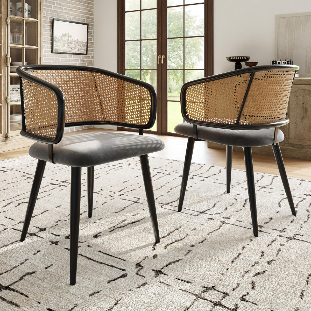 ESSZIMMERSTUHL 2-Tlg Rattan Rückenlehne, Samt Sitz, Wohnzimmer - Multicolor, Metall (47/79/47cm) - FLIEKS