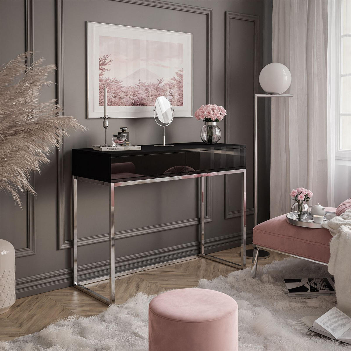 KONSOLE BLANCO GLAMOUR II auf verchromtem Gestell Schwarz Hochglanz PUSH OPEN - Schwarz Hochglanz/Silberfarben, Holzwerkstoff (42/100/81cm) - Lookway