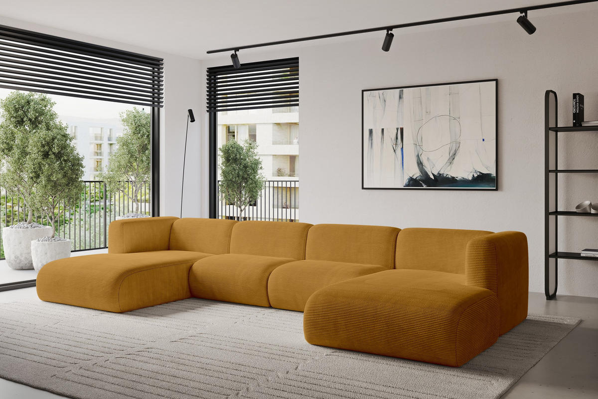 WOHNLANDSCHAFT MIRA-U2 408x179x70 Senfgelb Cord - Currygelb/Schwarz, Holzwerkstoff/Kunststoff (408/70/179cm) - ALTDECOR