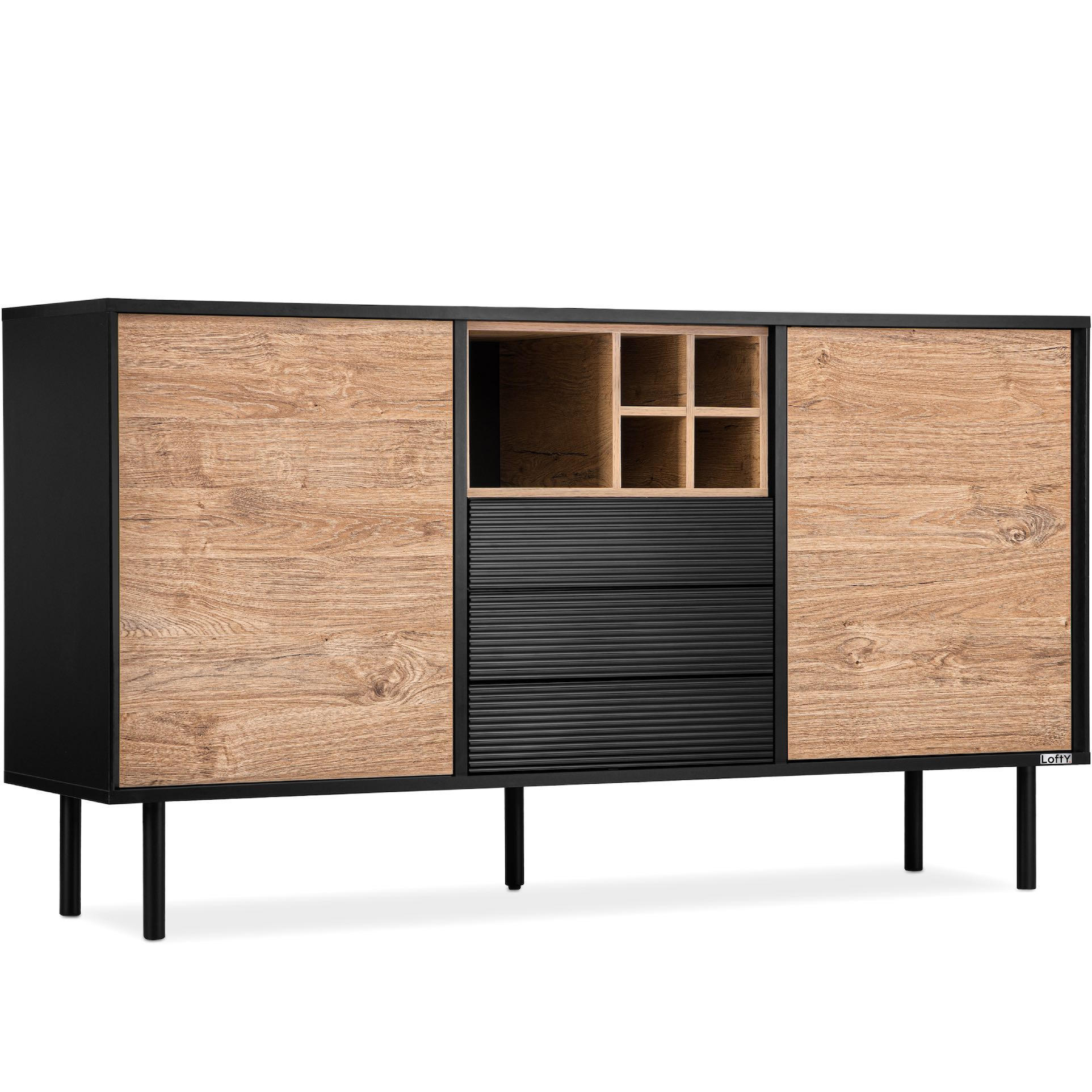 KOMMODE LOFTY Weineinlage, schwarz / Eiche natur - Eichefarben/Multicolor, Holzwerkstoff (151/84/41cm) - KONSIMO®