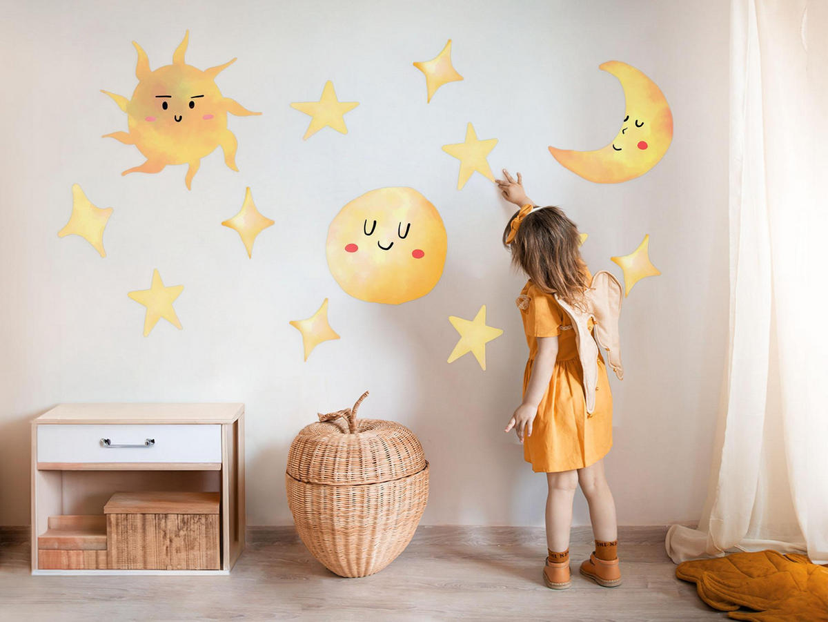 WANDAUFKLEBER 130x194cm - Sterne, Sonne, Monde - Multicolor, Kunststoff (130/194/0.1cm) - Wallfluent