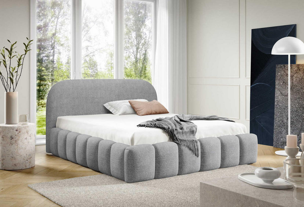 POLSTERBETT 140x200 Noemi, runde Kopfteil, Bettkasten, Samtstoff, Hellgrau - Hellgrau, Holz/Textil (140/200cm) - Emporius