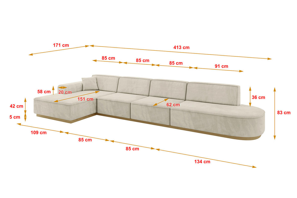 ECKSOFA Ottomane Links IREA-L3-v2 - 413x171x83 cm Dunkelgrau - Ecru, Holzwerkstoff/Textil (413/171cm) - ALTDECOR