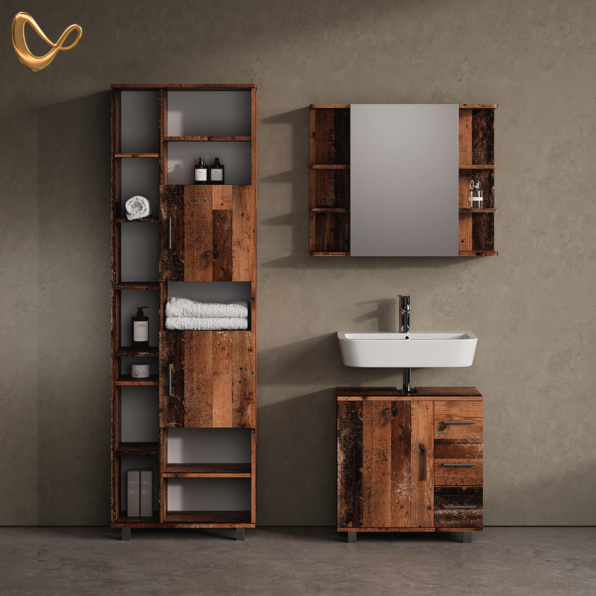 BADMÖBEL-SET Eisak Eiche rustikal 3 Teile, mit Unterschrank 60 cm - Wildeiche, Holzwerkstoff (60/60/33cm) - Livinity®
