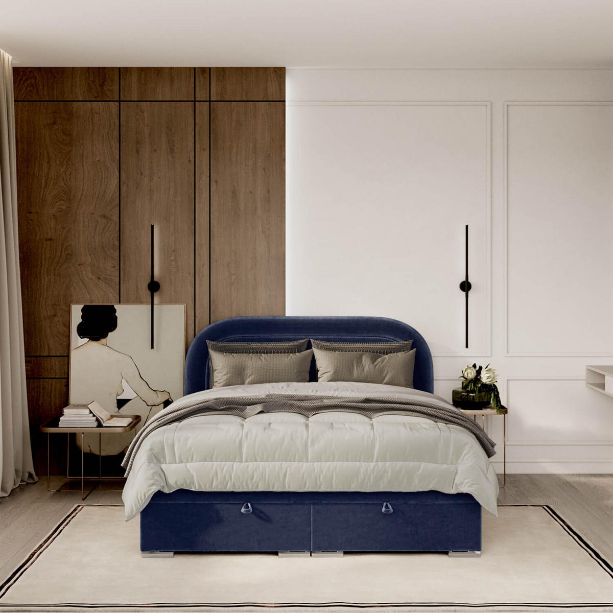 POLSTERBETT Harmony mit Stauraum 140/200 cm Marineblau im Lotta Stoff - Chromfarben/Dunkelblau, Holz/Holzwerkstoff (140/200cm) - AltaBeds