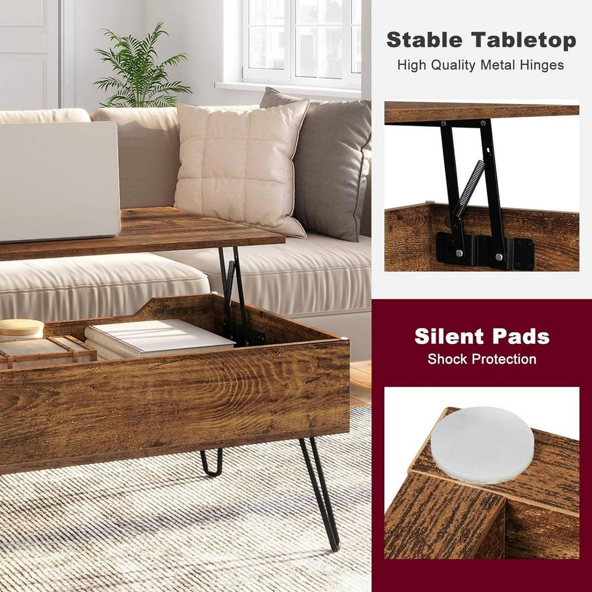 COUCHTISCH mit Stauraum, Metallbeine, Vintage-Holzoptik - Alteiche, Holzwerkstoff/Metall (50/95/40cm) - Woltu