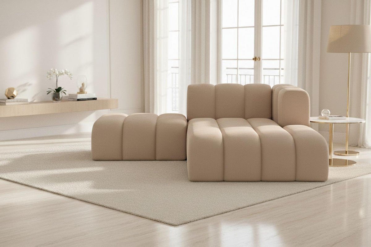 CHAISELONGUE Mit Hocker Grand, Veloursstoff Salvador, Beige, Rechts - Beige, Holz (204/179cm) - Kaiser Möbel