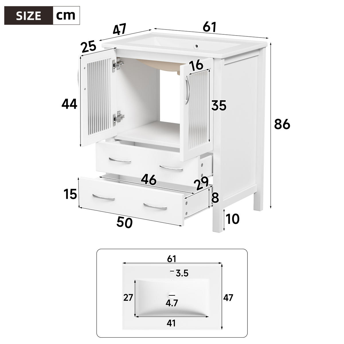 BADEZIMMERSCHRANK Hochglanz Weiß Keramik Waschbecken Glas Türen 61cm - Weiß, Keramik (61/86/47cm) - FLIEKS
