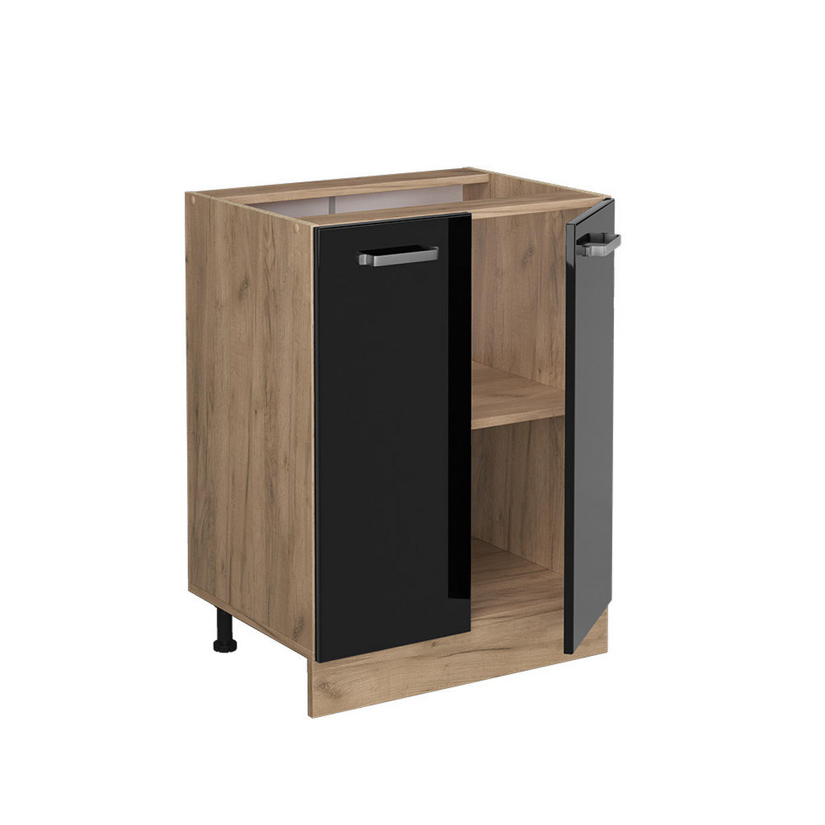 KÜCHENUNTERSCHRANK R-Line Schwarz Hochglanz 60 cm AP Marmor - Schwarz Hochglanz/Eiche Wotan, Holzwerkstoff (60/81.6/60cm) - Vicco