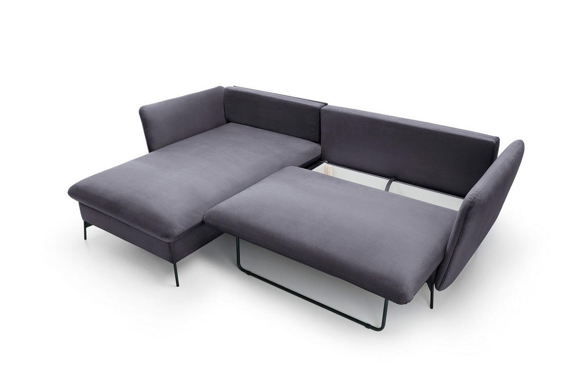 ECKSOFA FERRO Grau Velours-Stoff mit Schlaffunktion - Grau, Holz (258/167cm) - MASSENO