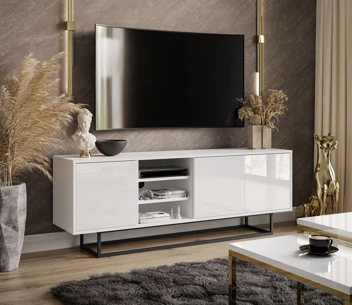 TV-ELEMENT SANAYI auf schwarzem Gestell mit Regalen Hochglanz Weiß - Schwarz/Weiß, Holzwerkstoff (156/57/38cm) - Lookway