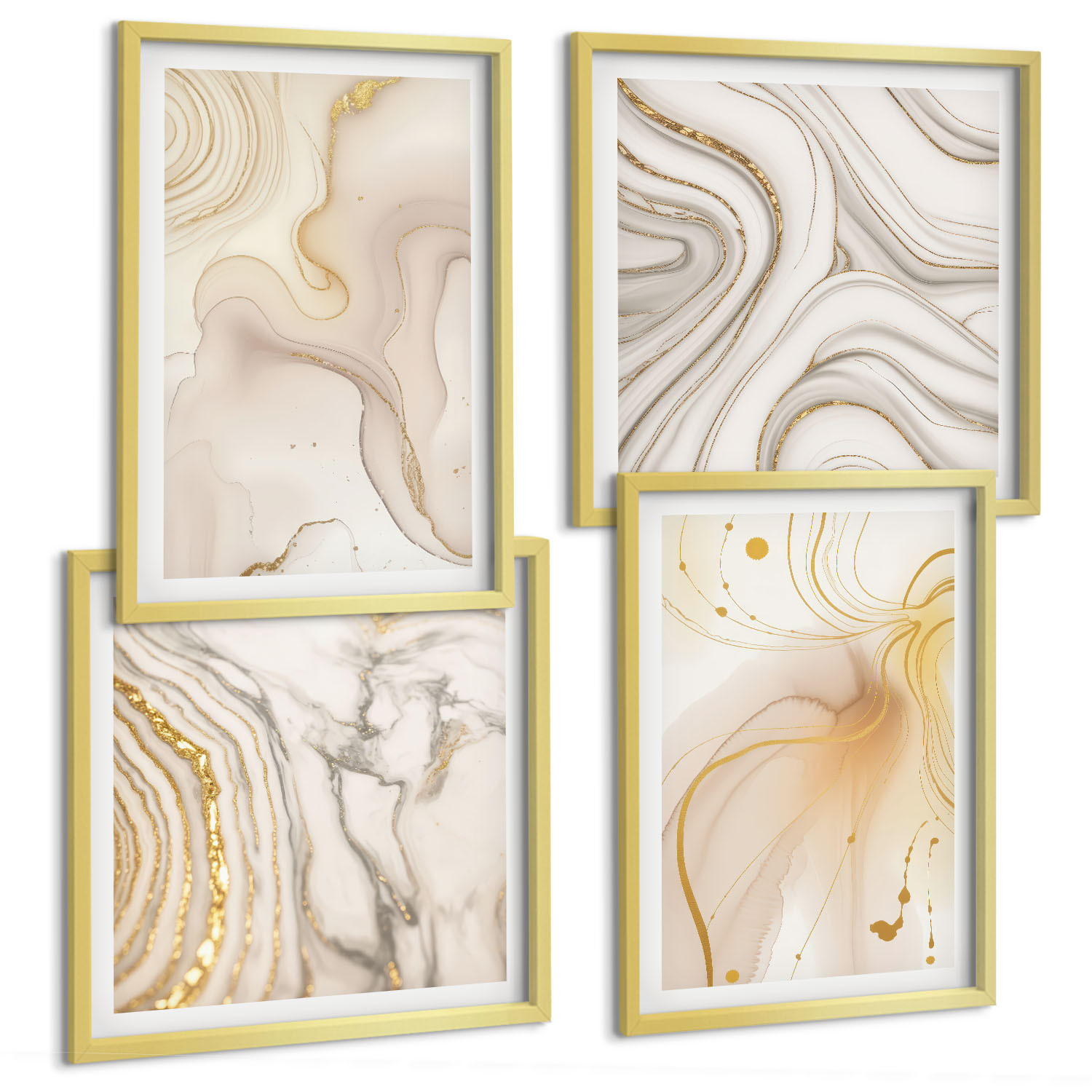 BILDER SET 4er Set - 50x50 cm & 40x60 cm Goldrahmen - Subtile abstrakte Muster - Goldfarben, Kunststoff (50/50cm) - TULUP