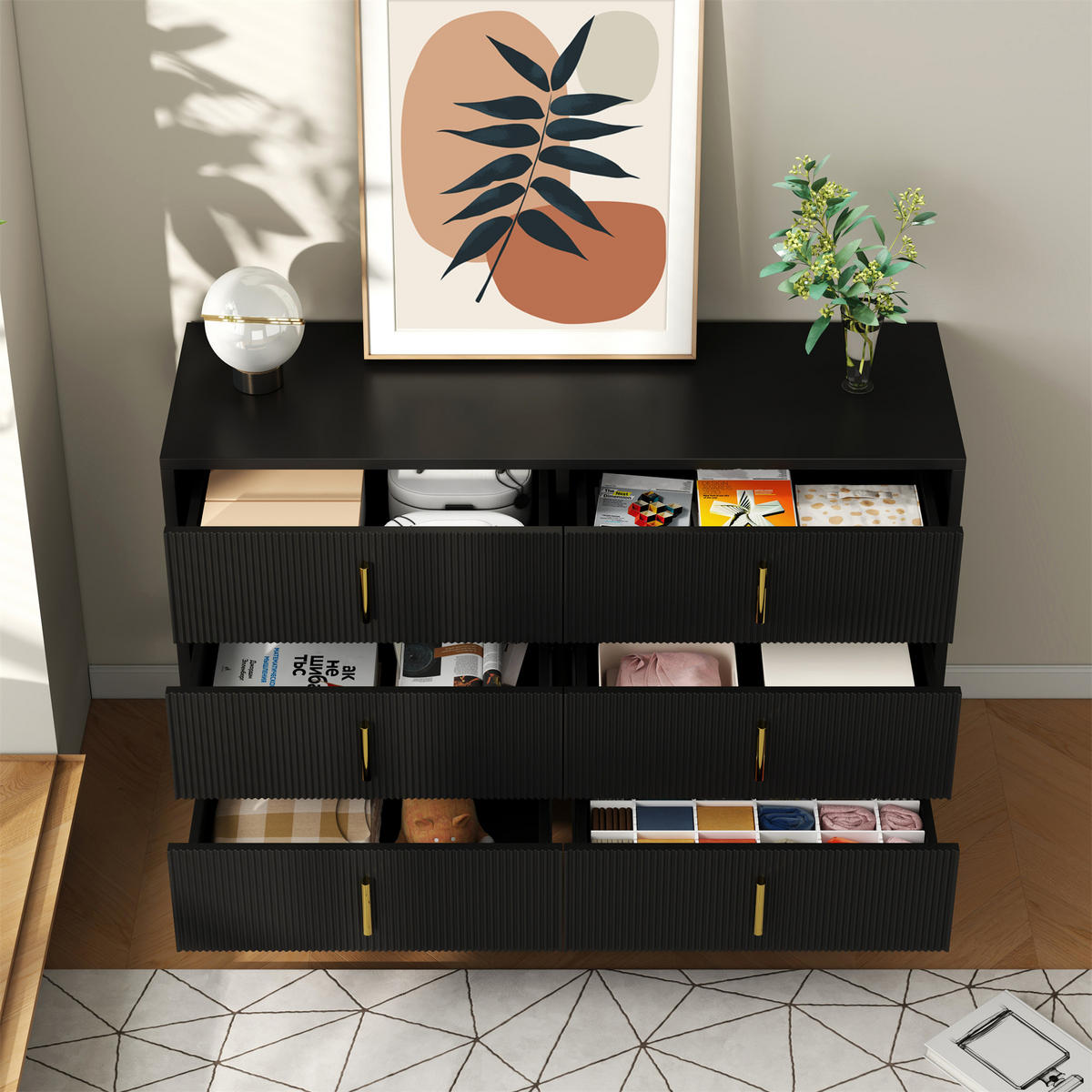 SIDEBOARD Modern Design Stauraum Goldene Griffe Kommode - Schwarz, Holzwerkstoff (40/77/120cm) - FLIEKS